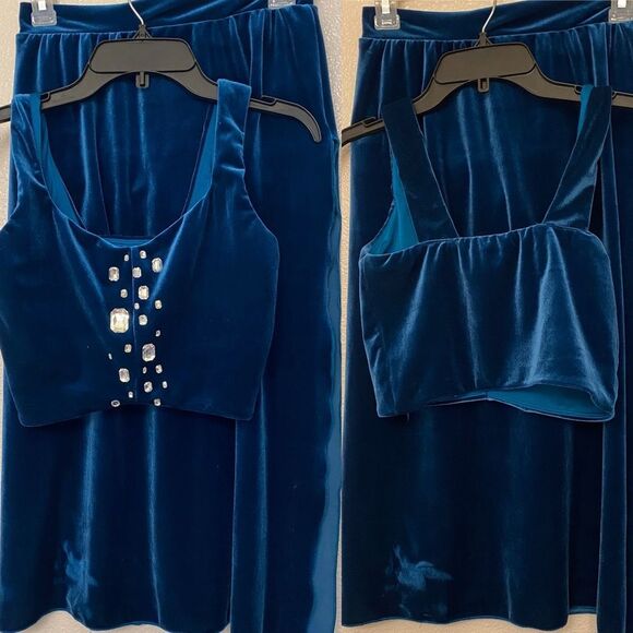 The Line up solo dance costume 2 piece velvet teal rhinestone Austere skirt MA - Picture 3 of 13